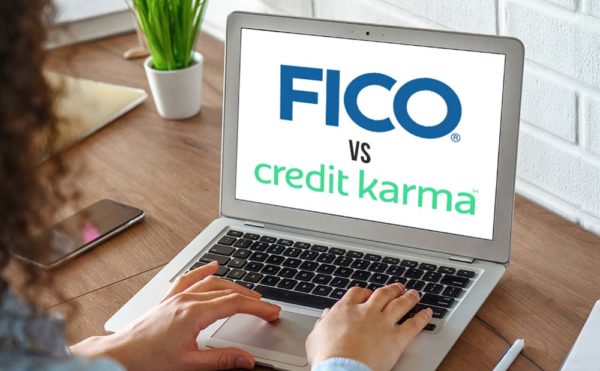 Woman Looking Up FICO vs Credit Score On Computer Graphic